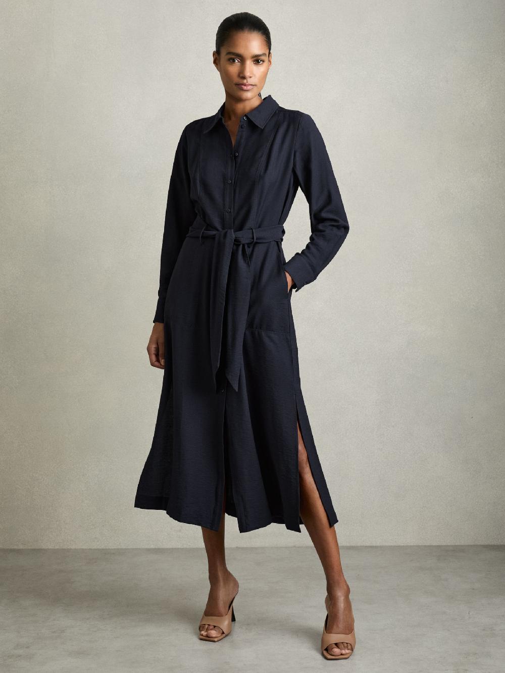 Reiss Long-Sleeve Belted Midi Dress In Navy