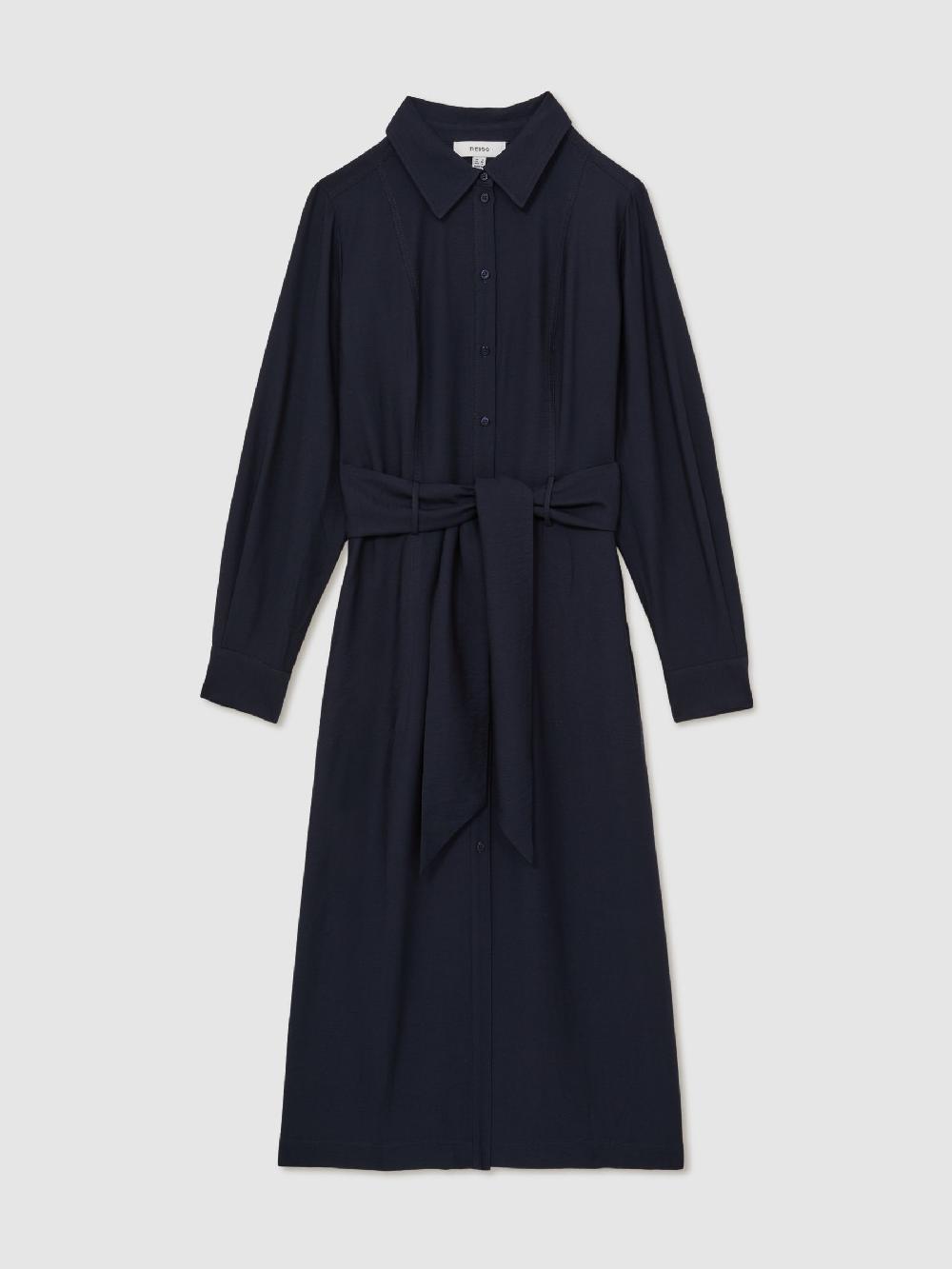 Reiss Long-Sleeve Belted Midi Dress In Navy