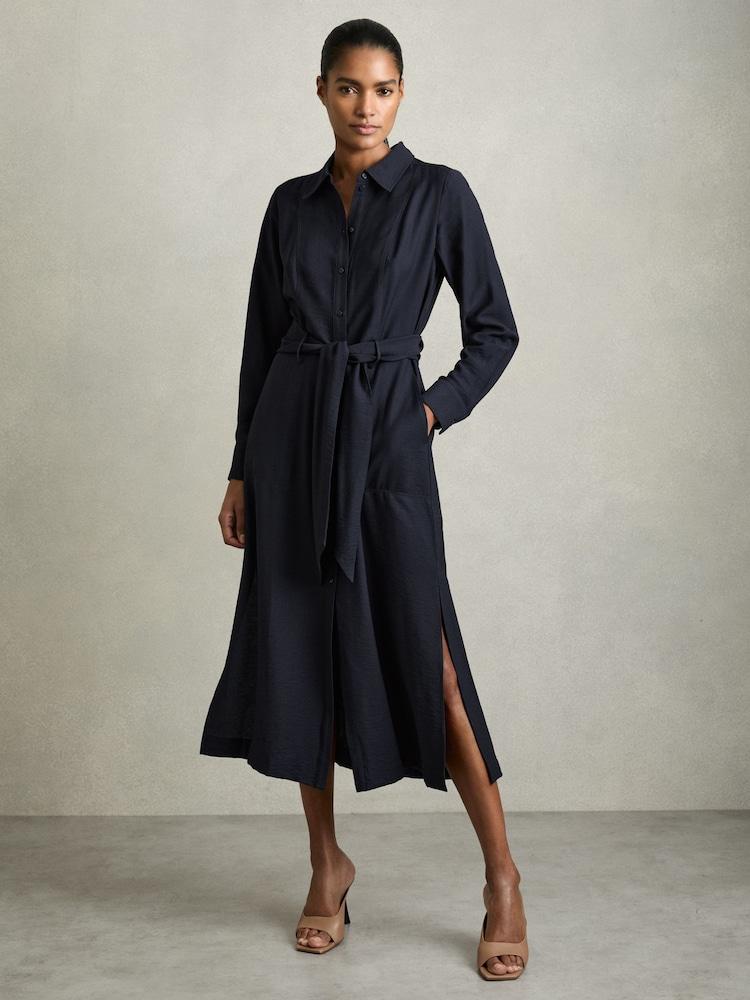 reiss Long-Sleeve Belted Midi Dress in Navy