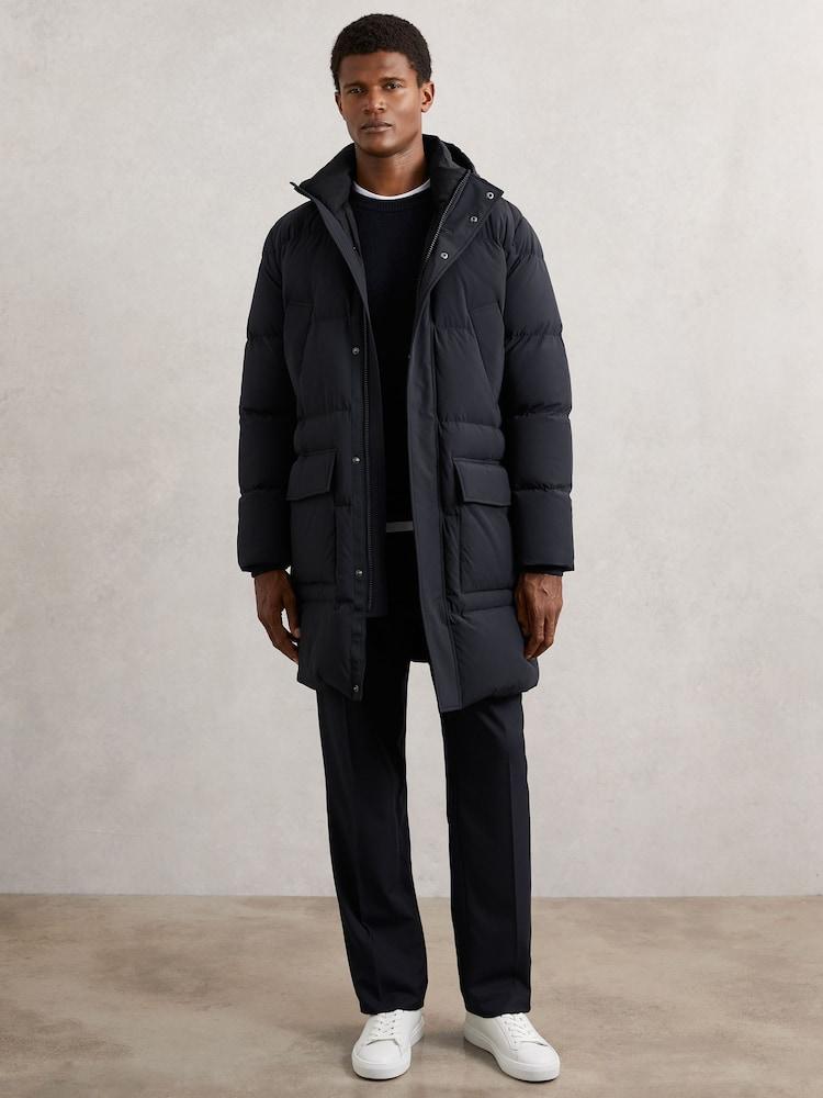 reiss Longline Quilted Puffer Jacket in Navy