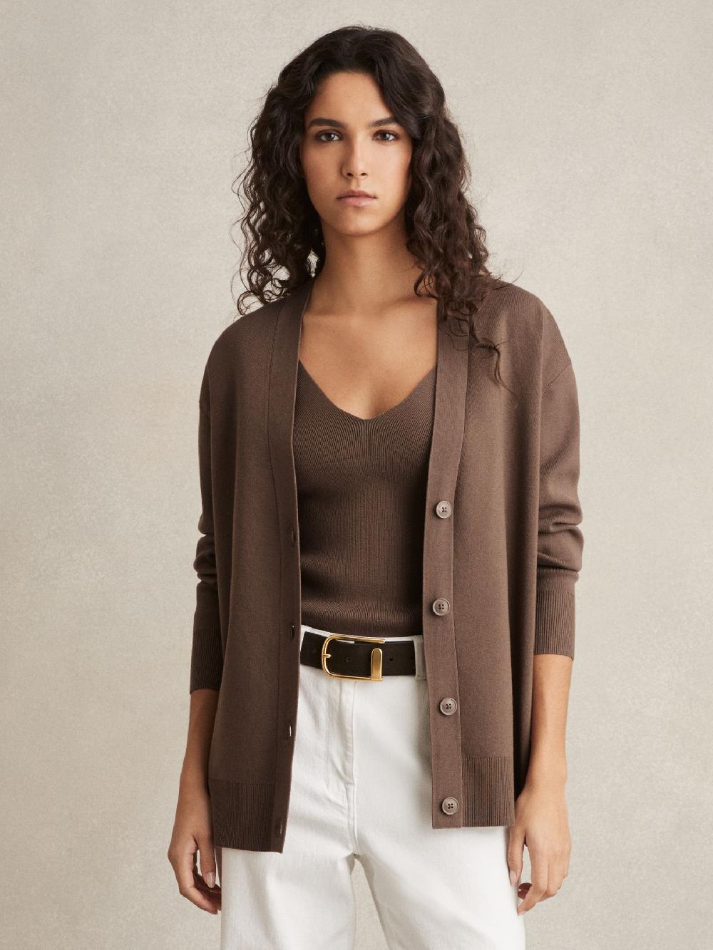 Reiss Lyocell Blend V-Neck Cardigan In Mink