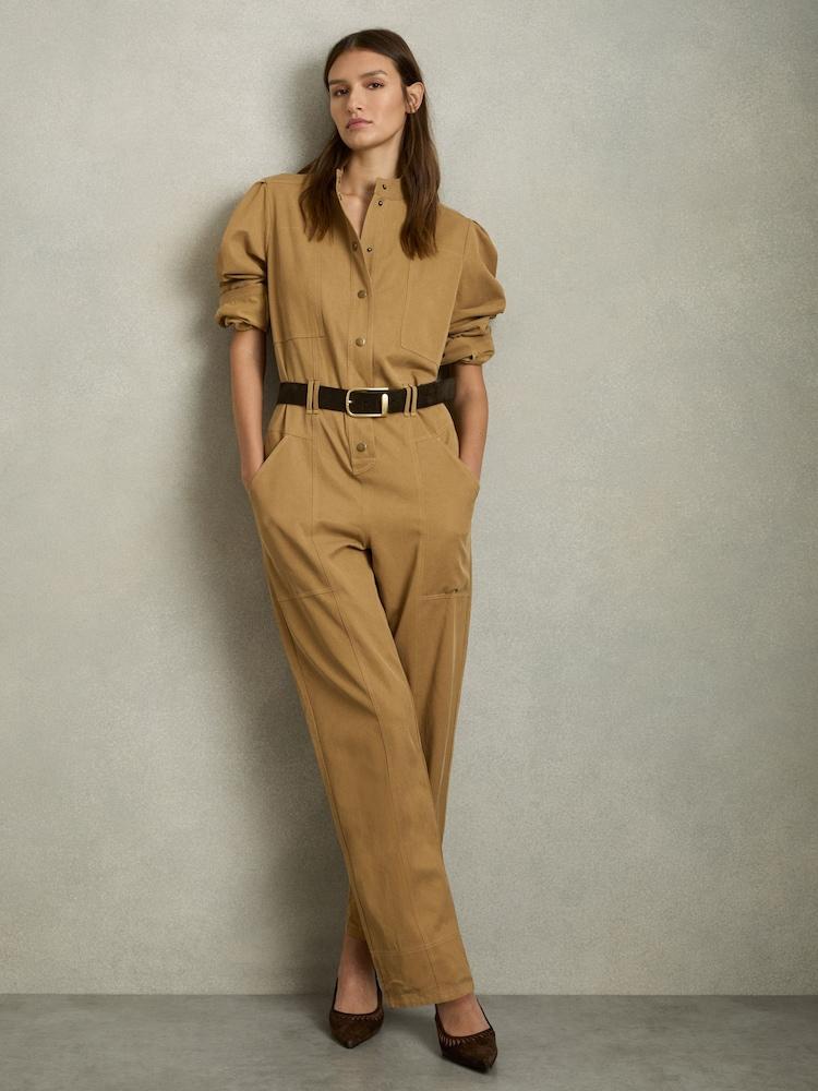 reiss Lyocell-Cotton Wide-Leg Jumpsuit in Camel