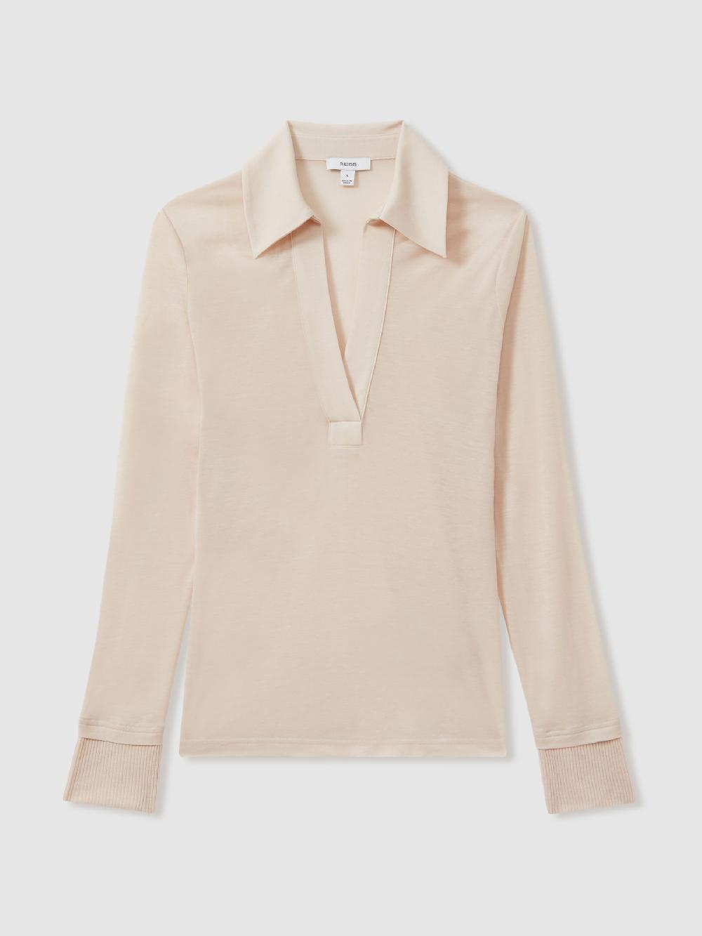 Reiss Lyocell-Wool Open-Collar Top In Stone