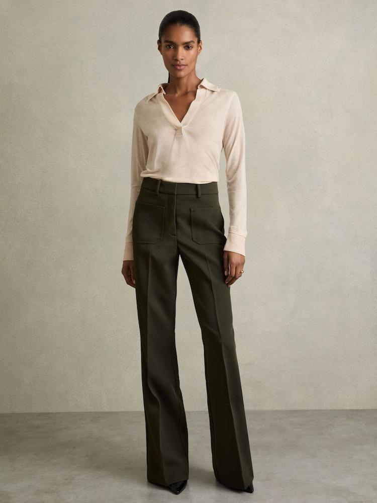 reiss Lyocell-Wool Open-Collar Top in Stone
