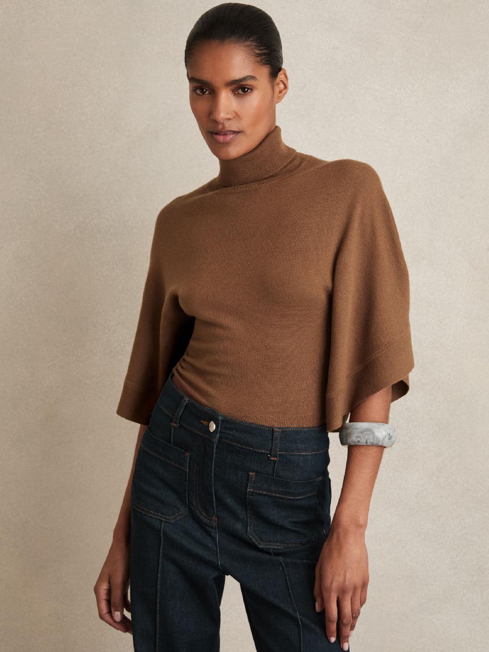 Reiss Merino Wool Batwing Roll-Neck Jumper In Tan
