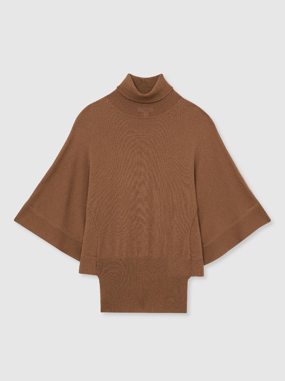 Reiss Merino Wool Batwing Roll-Neck Jumper In Tan