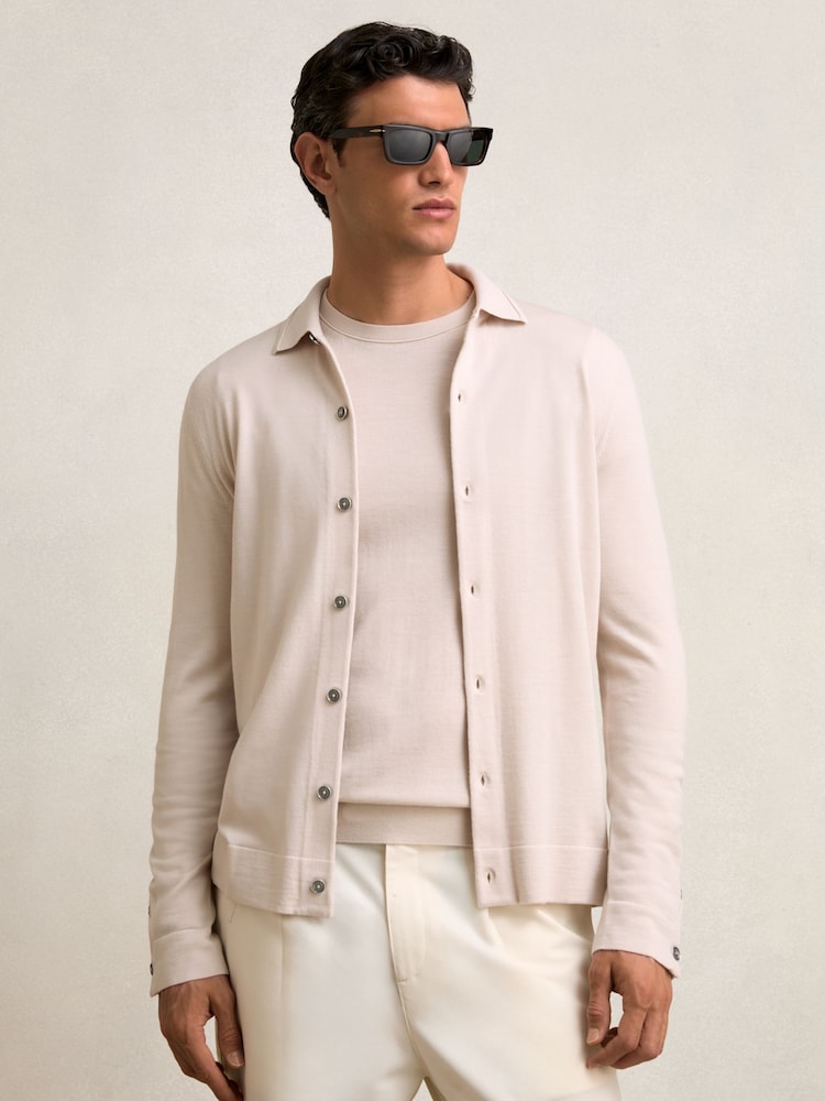 reiss Merino Wool Button-Through Cardigan in Beige