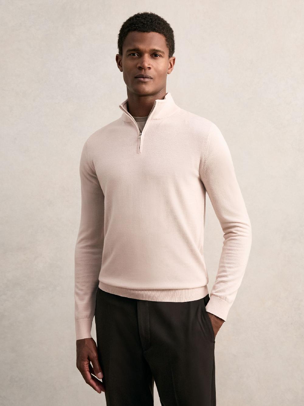 Reiss Merino Wool Half-Zip Jumper In Beige