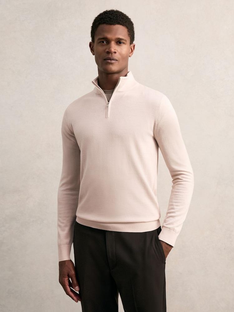 reiss Merino Wool Half-Zip Jumper in Beige