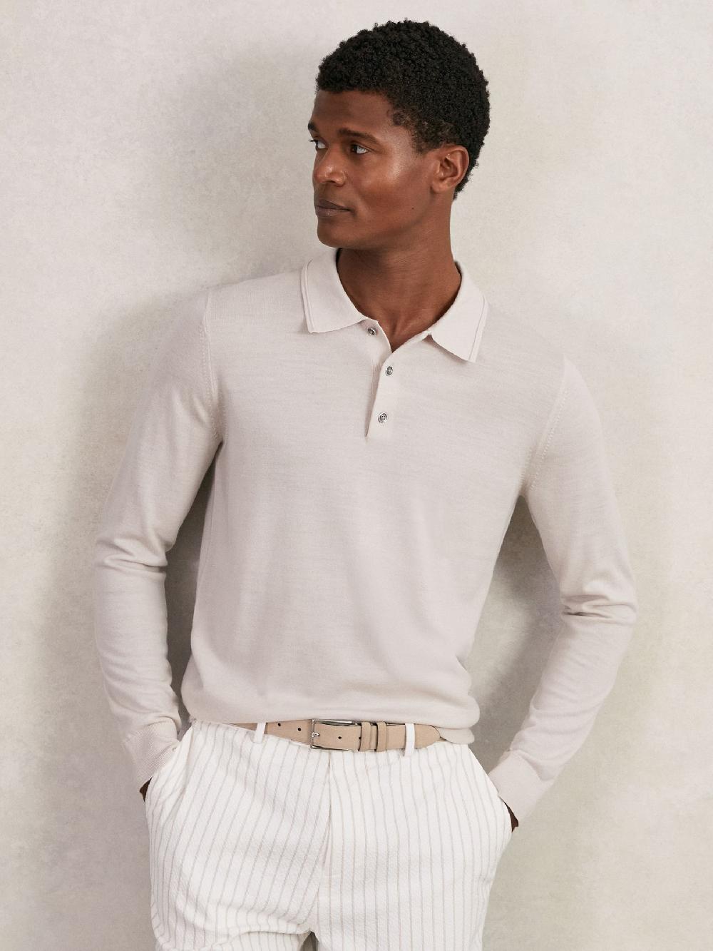 Reiss Merino Wool Long-Sleeve Polo Shirt In Beige