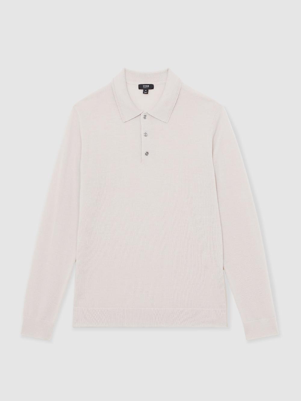Reiss Merino Wool Long-Sleeve Polo Shirt In Beige