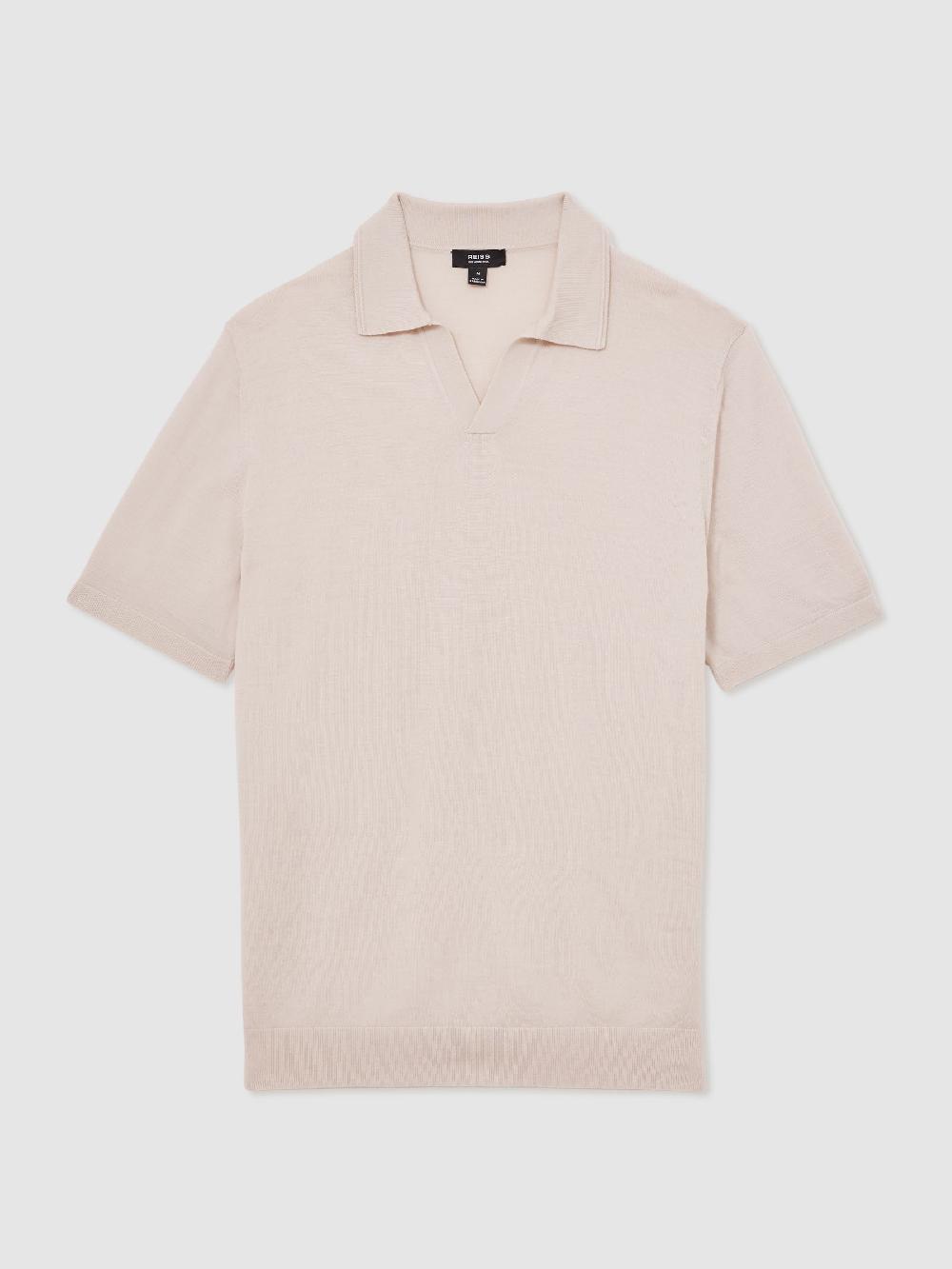 Reiss Merino Wool Open-Collar Polo Shirt In Beige