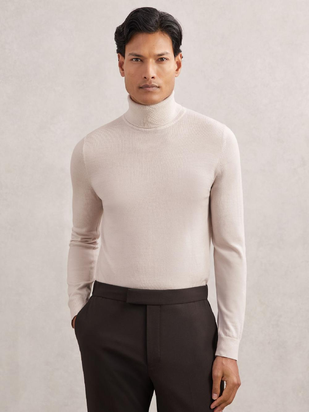 Reiss Merino Wool Roll-Neck Jumper In Beige