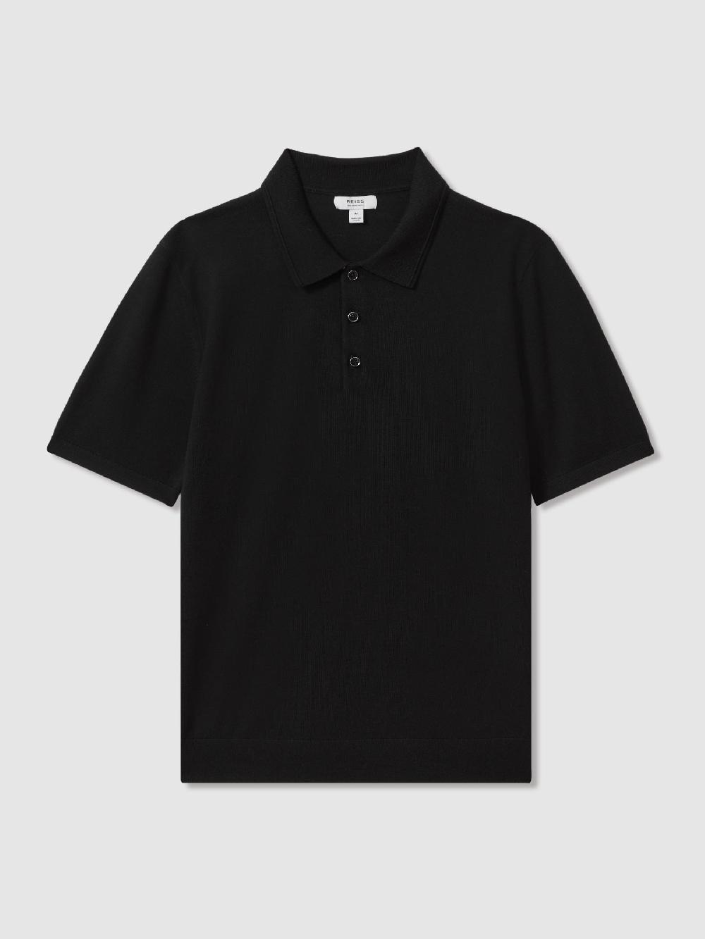 Reiss Merino Wool Short-Sleeve Polo Shirt In Black