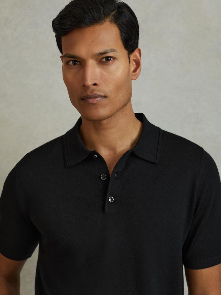 reiss Merino Wool Short-Sleeve Polo Shirt in Black