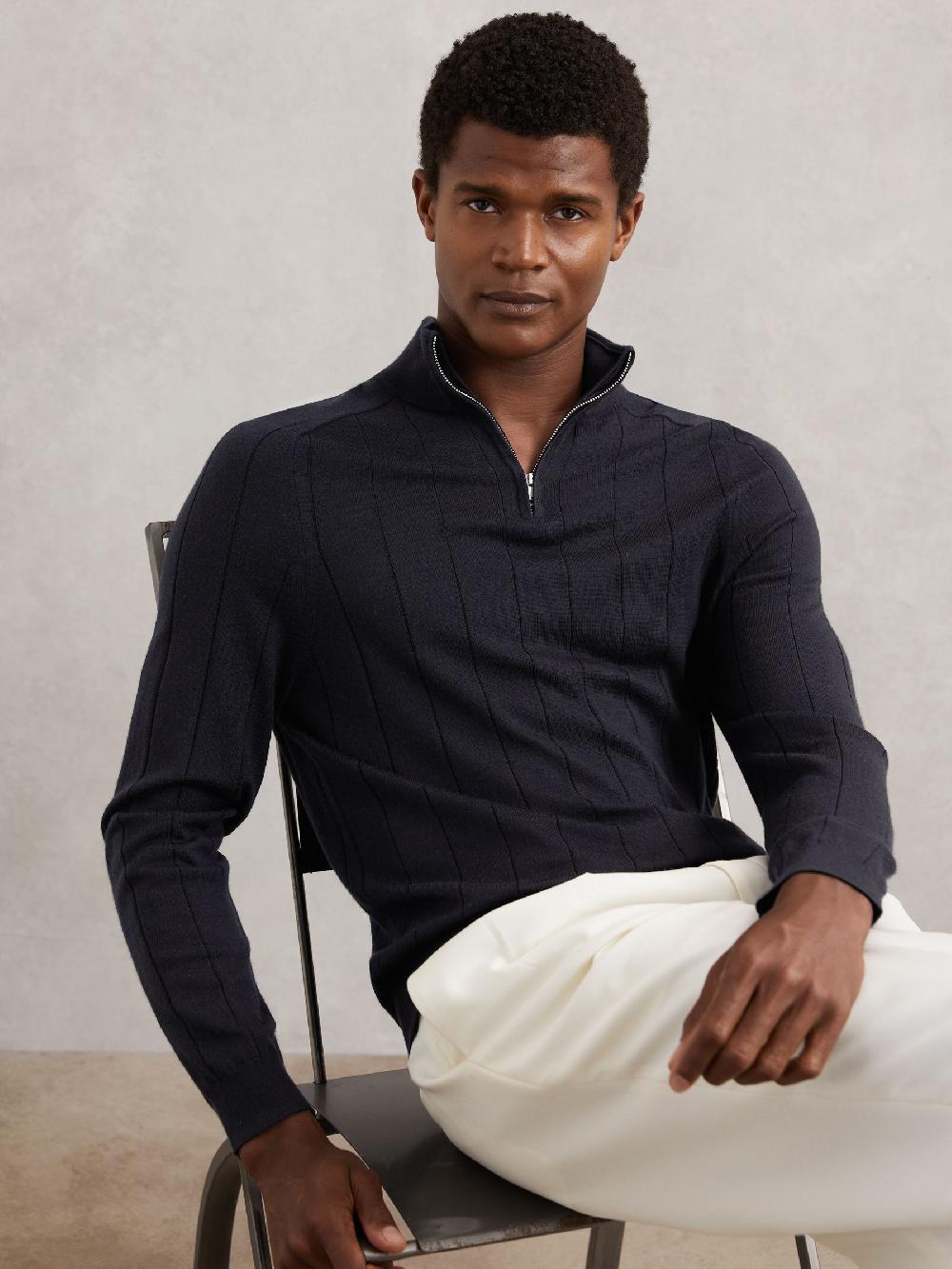 Reiss Merino Wool Wide-Rib Half-Zip Jumper In Navy