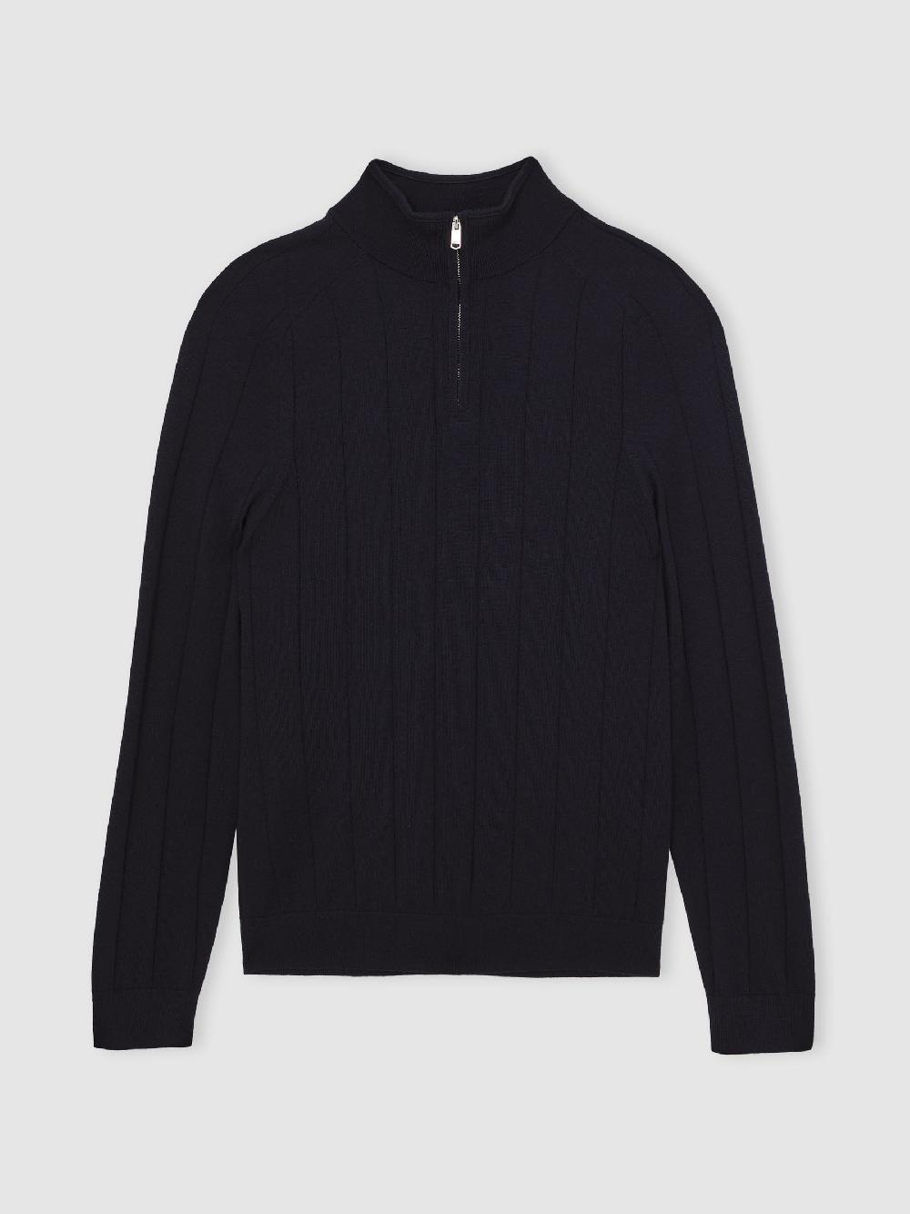 Reiss Merino Wool Wide-Rib Half-Zip Jumper In Navy