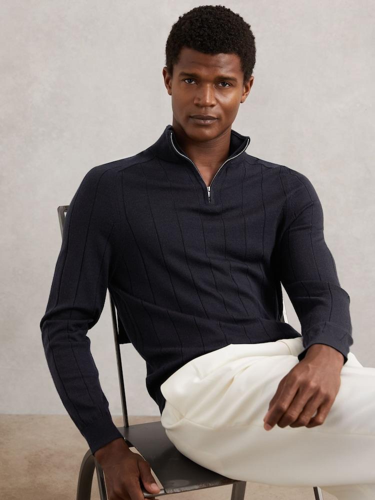 reiss Merino Wool Wide-Rib Half-Zip Jumper in Navy