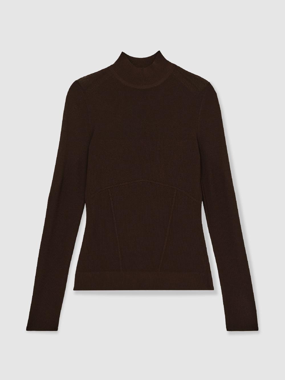 Reiss Mesh Funnel-Neck Knit Top In Chocolate Brown