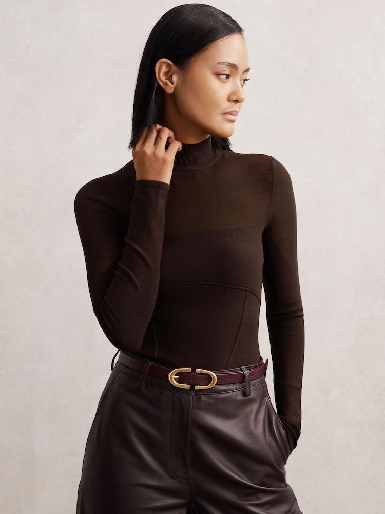 reiss Mesh Funnel-Neck Knit Top in Chocolate Brown