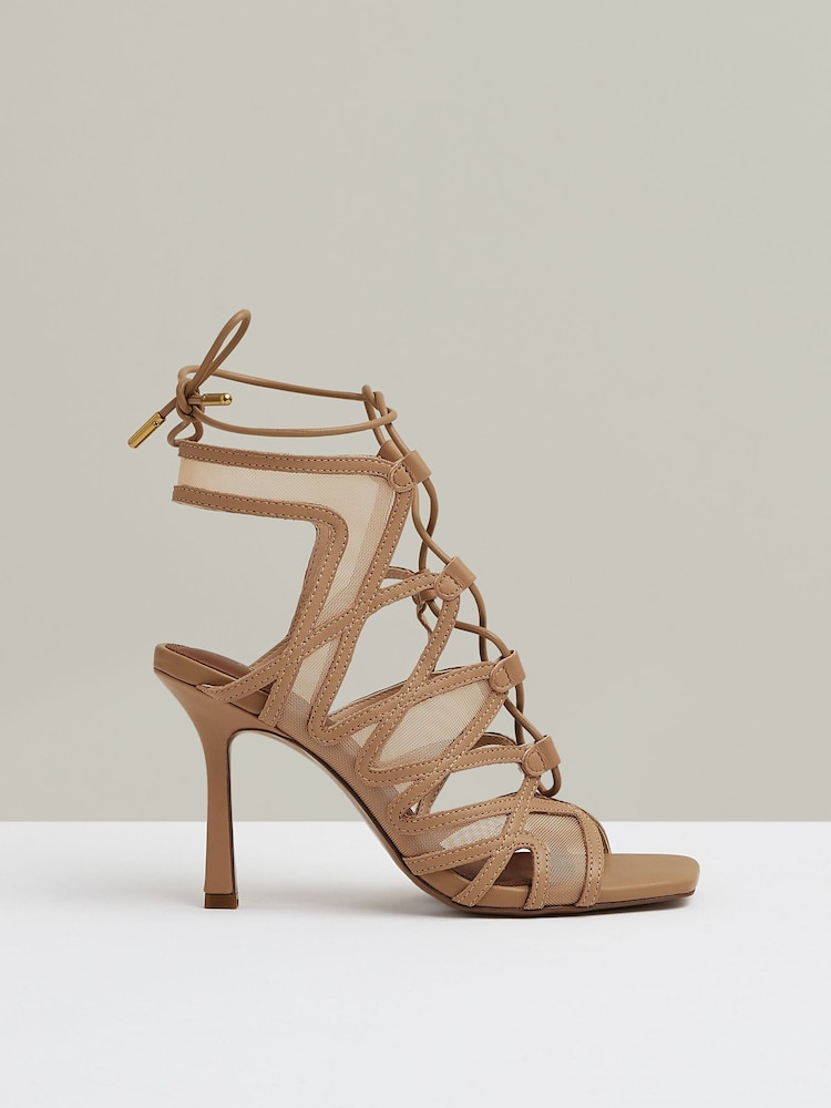 reiss Mesh Leather Strappy Heels in Neutral