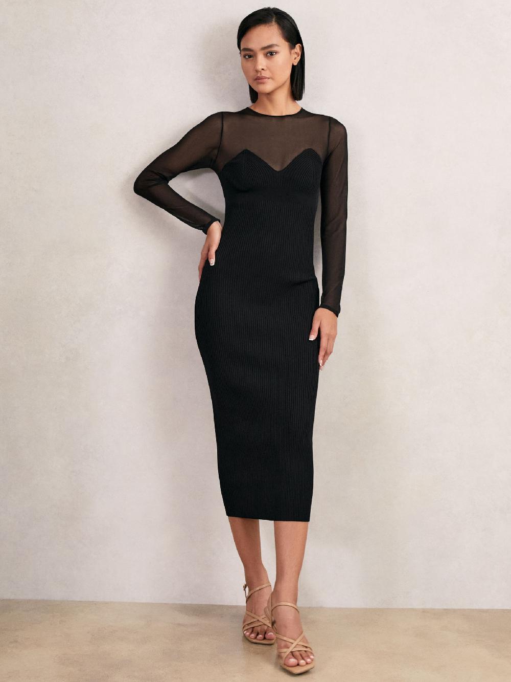 Reiss Mesh Rib-Knit Sweetheart Midi Dress In Black