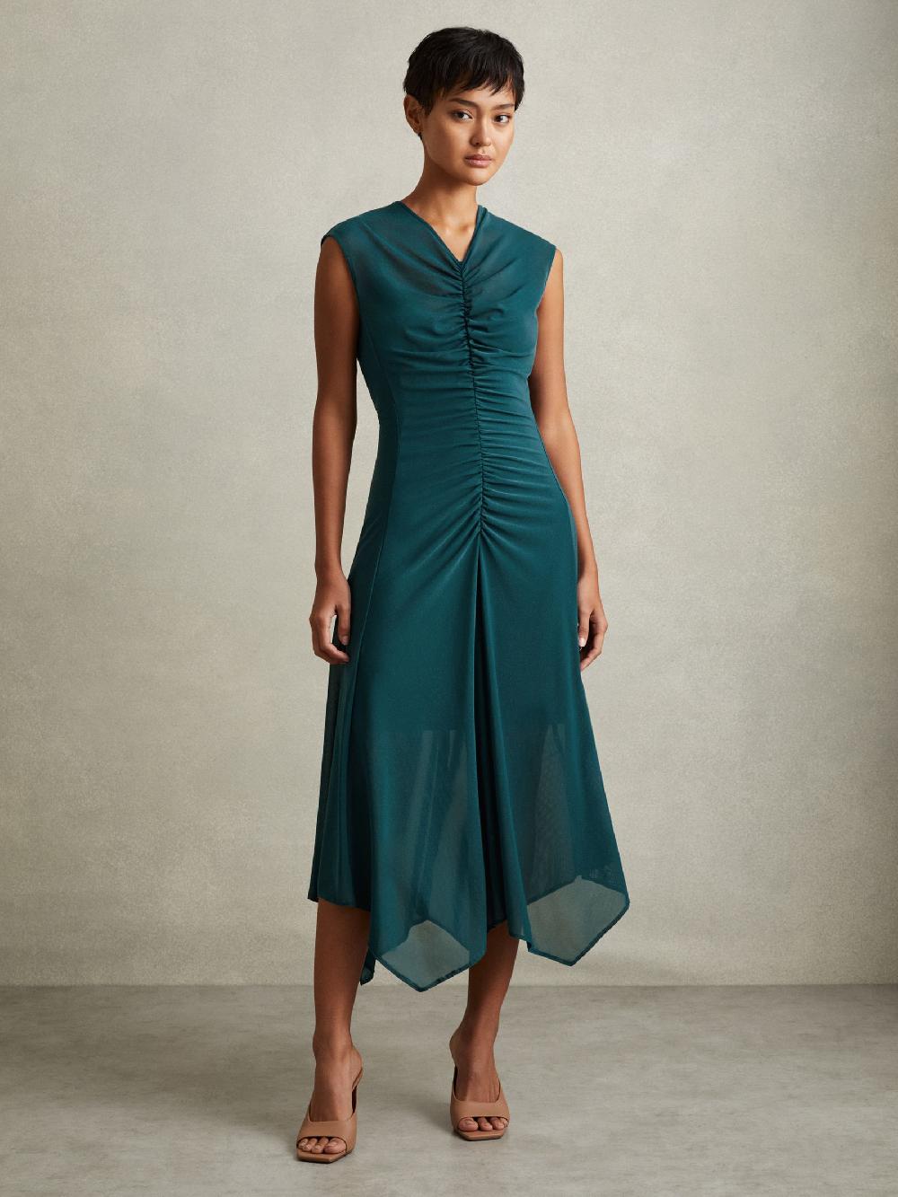 Reiss Mesh Ruched Midi Dress In Teal