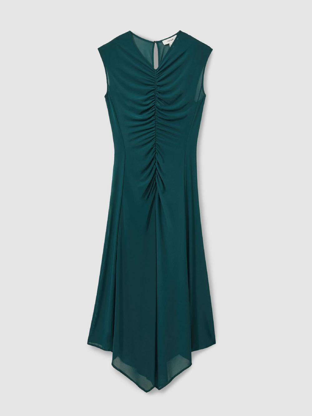 Reiss Mesh Ruched Midi Dress In Teal