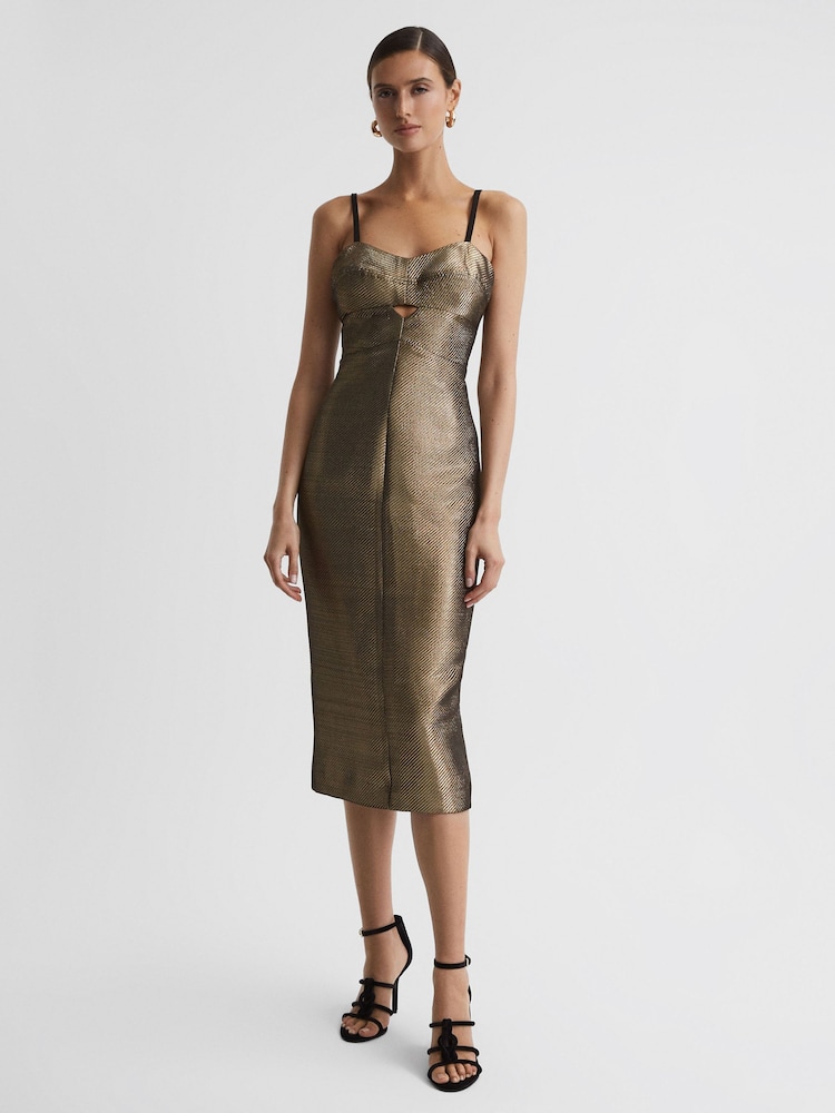reiss Metallic Bodycon Midi Dress in Gold