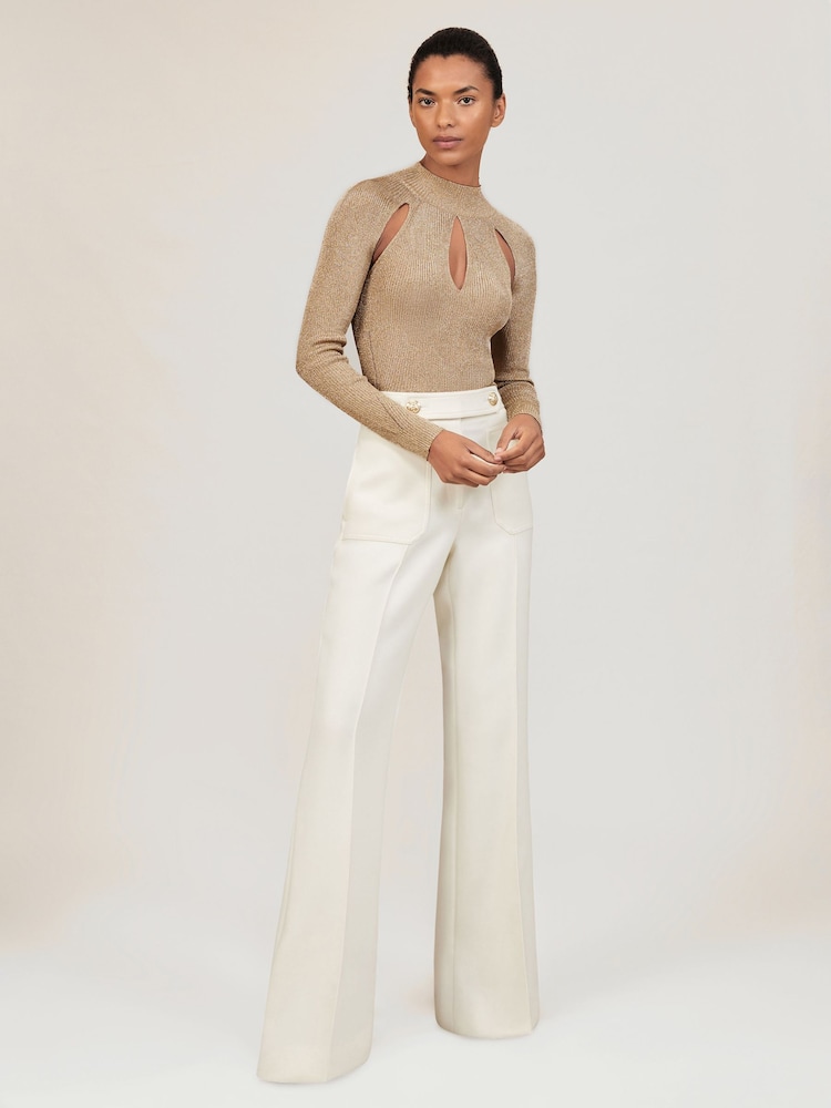 reiss Metallic-Knit Cut-Out Top in Gold