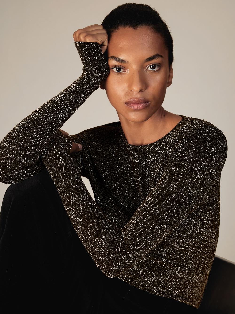 Reiss Metallic-Knit Long-Sleeve Top In Gold