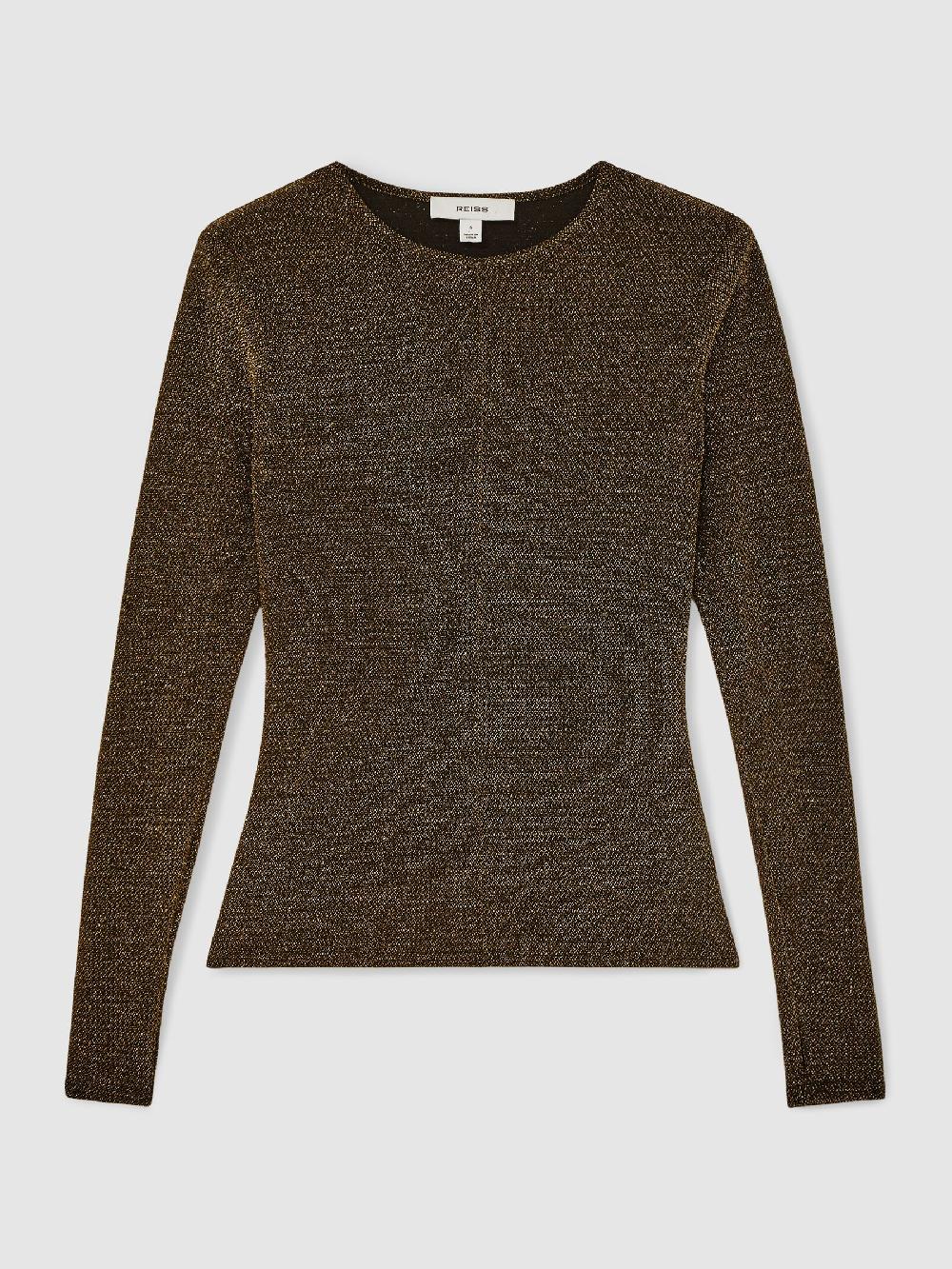 Reiss Metallic-Knit Long-Sleeve Top In Gold