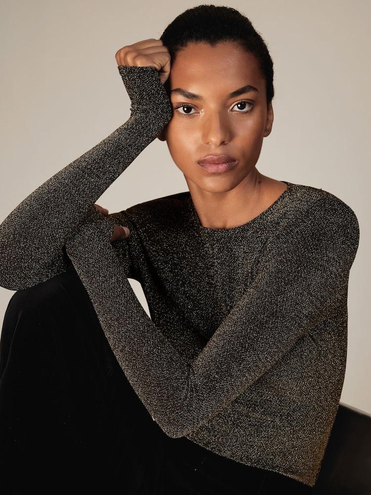 reiss Metallic-Knit Long-Sleeve Top in Gold
