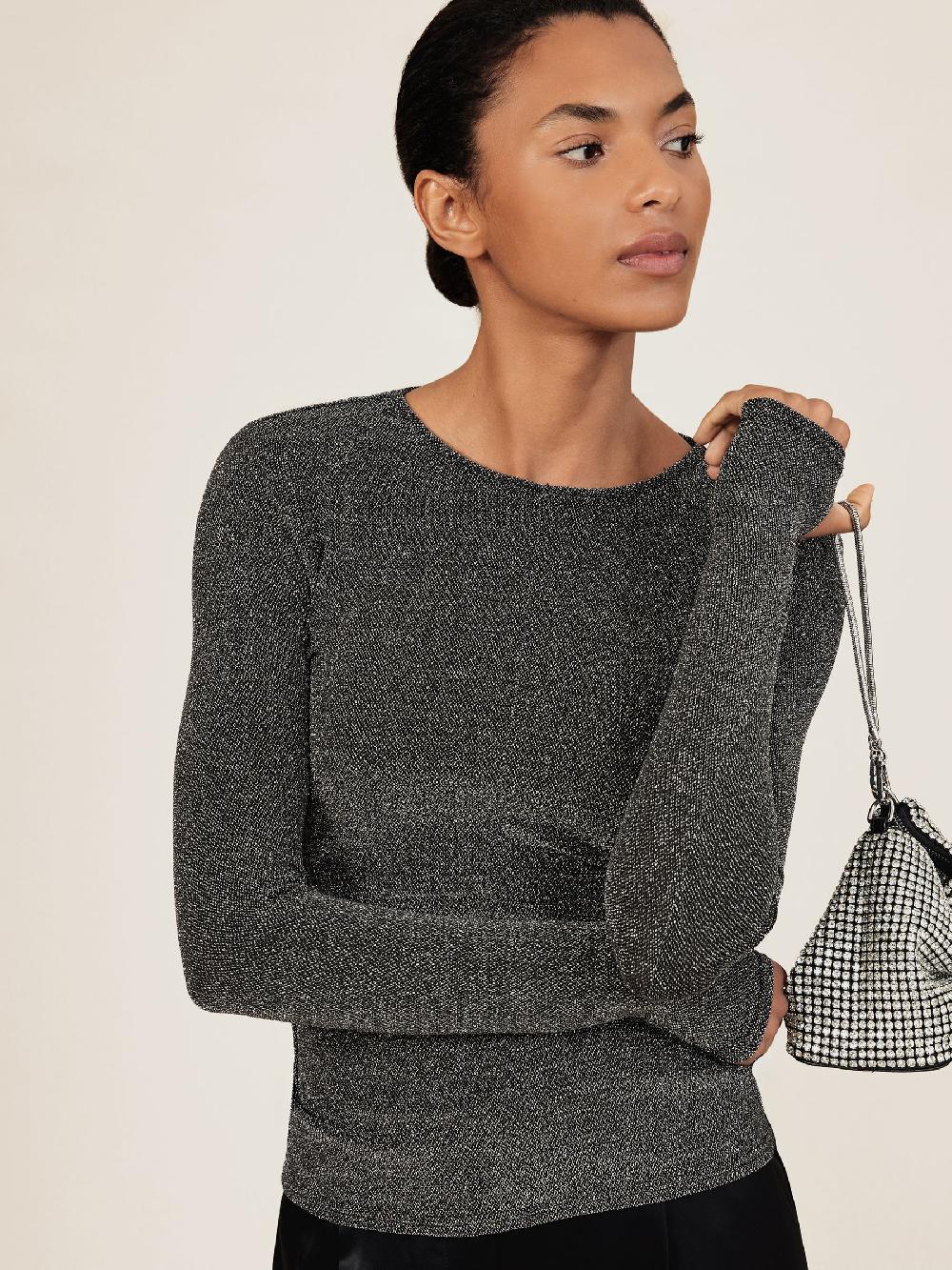 Reiss Metallic-Knit Long-Sleeve Top In Silver