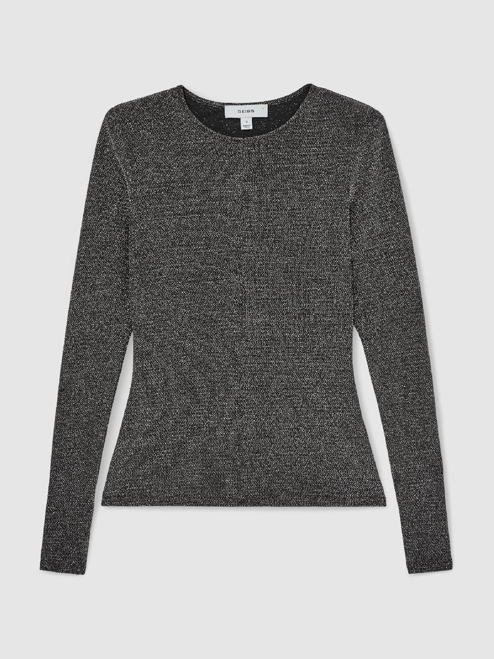 Reiss Metallic-Knit Long-Sleeve Top In Silver