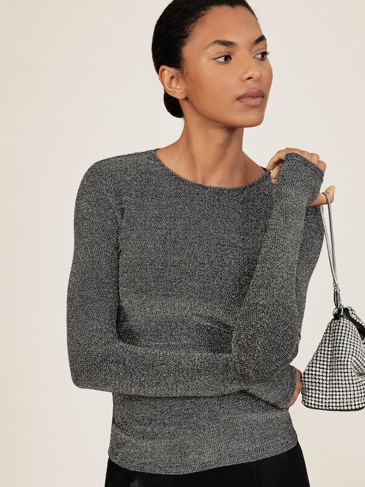 reiss Metallic-Knit Long-Sleeve Top in Silver