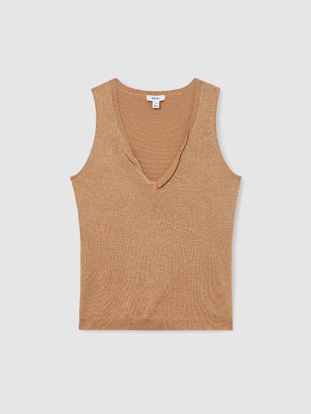 Reiss Metallic-Knit Twist-Neckline Vest In Gold