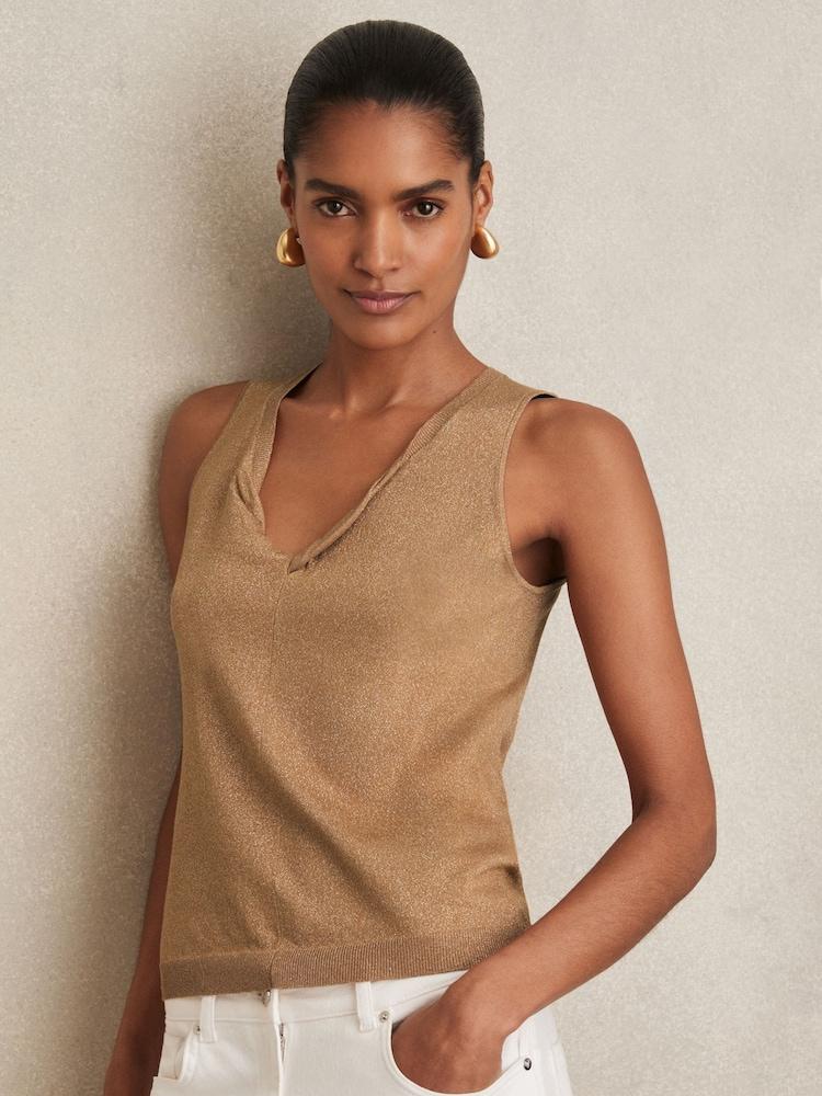 reiss Metallic-Knit Twist-Neckline Vest in Gold