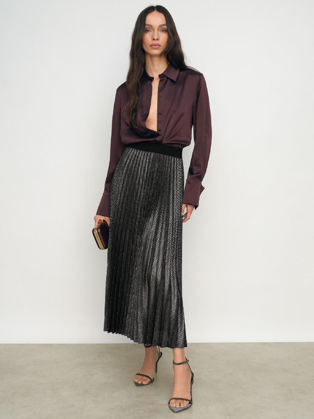 Reiss Metallic Pleated Midi Skirt In Charcoal Grey