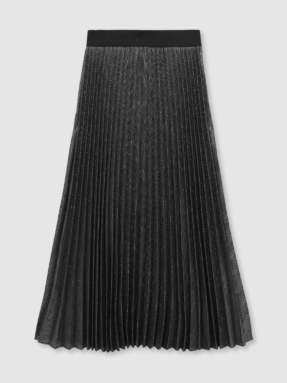 Reiss Metallic Pleated Midi Skirt In Charcoal Grey