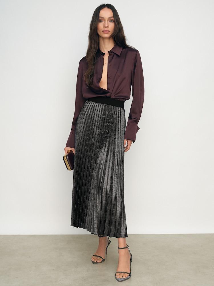 reiss Metallic Pleated Midi Skirt in Charcoal Grey