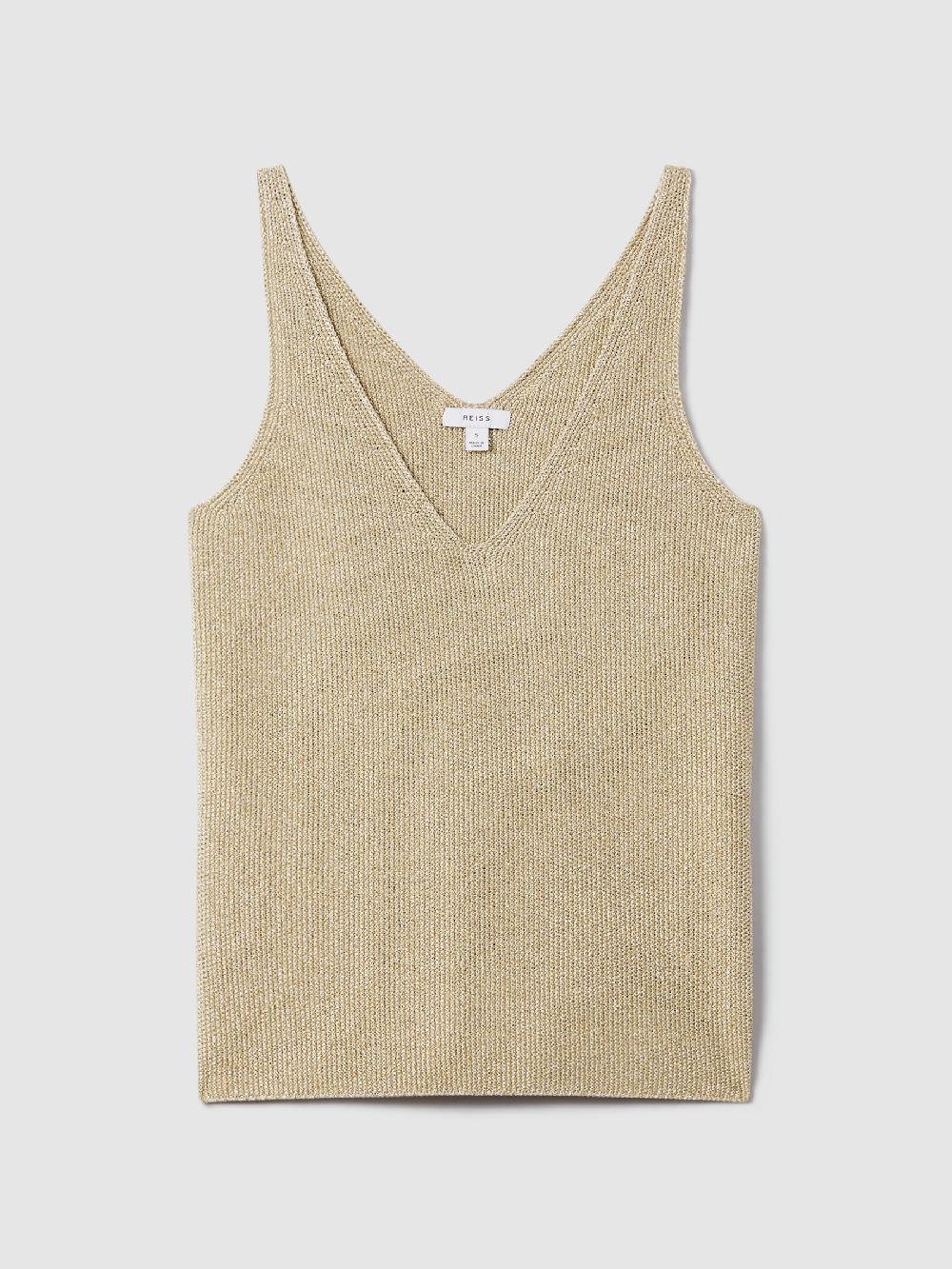 Reiss Metallic V-Neck Vest In Gold