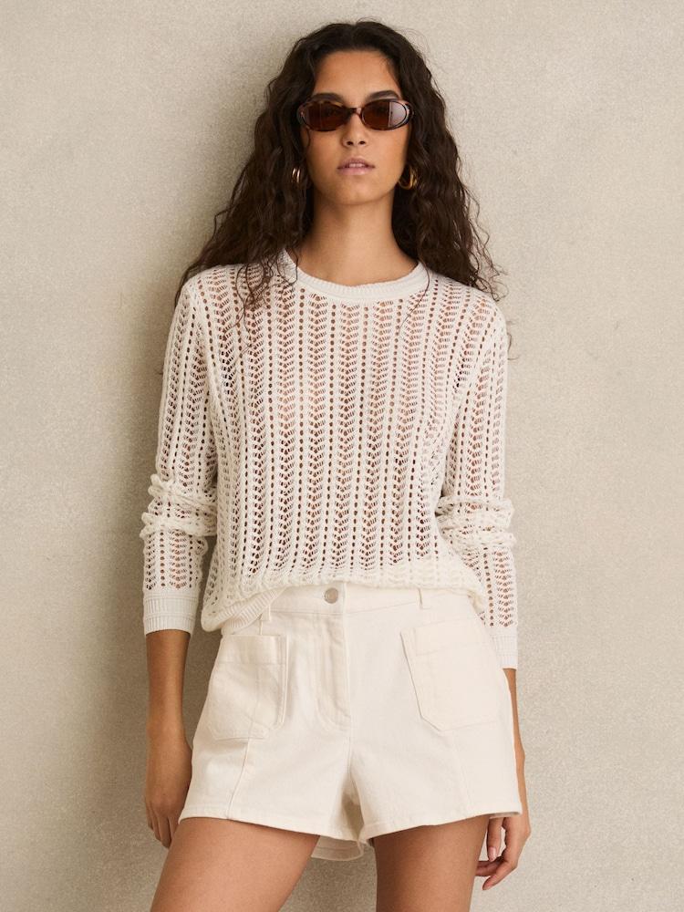 reiss Mid-Rise Patch Pocket Denim Shorts in White