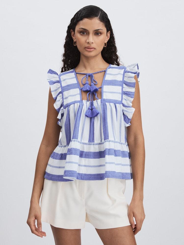 reiss Mille Blue Stripe Peplum Top in Blue Stripe