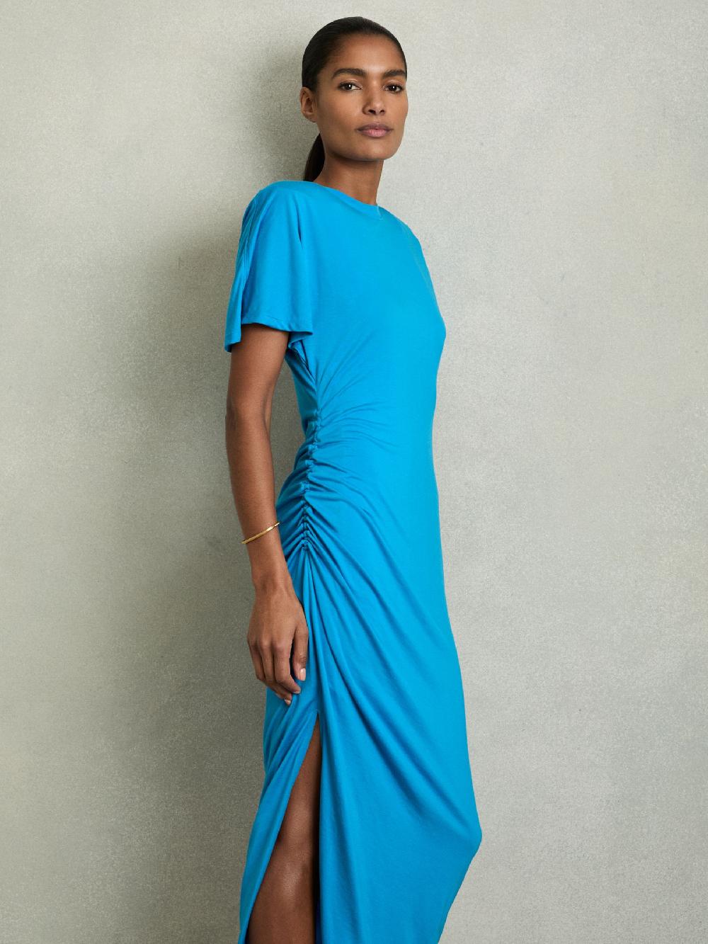 Reiss Modal-Blend Ruched Midi Dress In Bright Blue