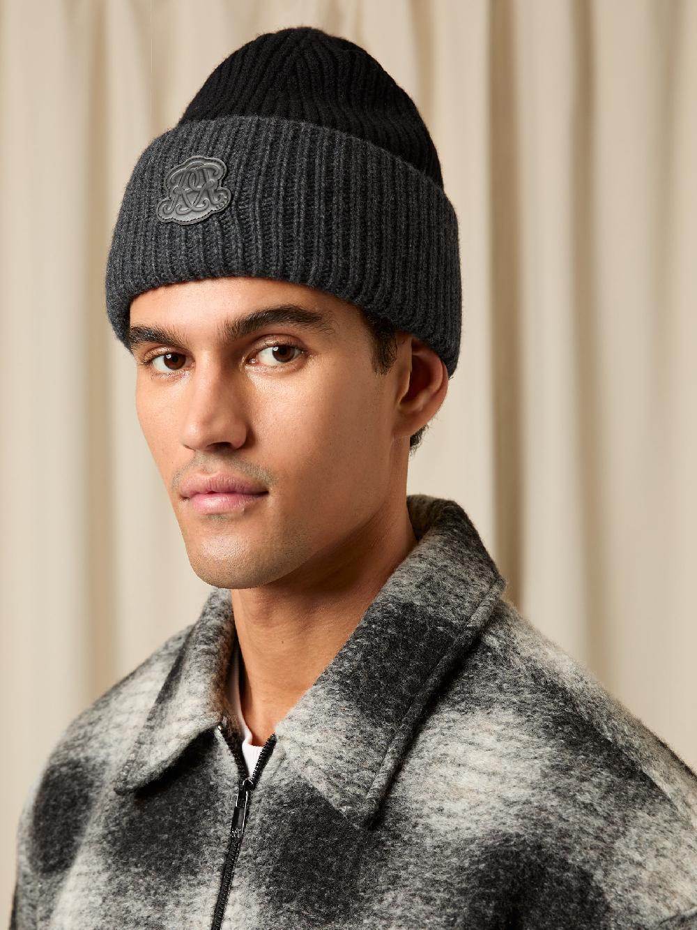 Reiss Monogram Appliqué Wool Beanie In Black