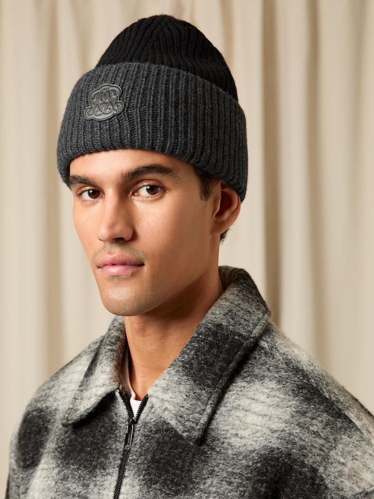 reiss Monogram Appliqué Wool Beanie in Black