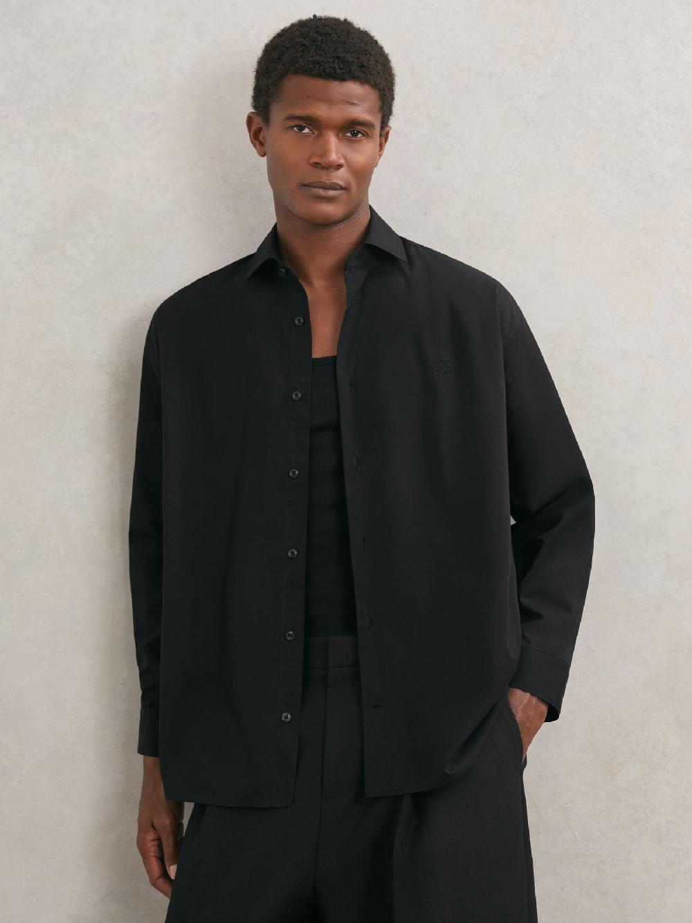 Reiss Monogram Cotton Oversized Shirt In Black