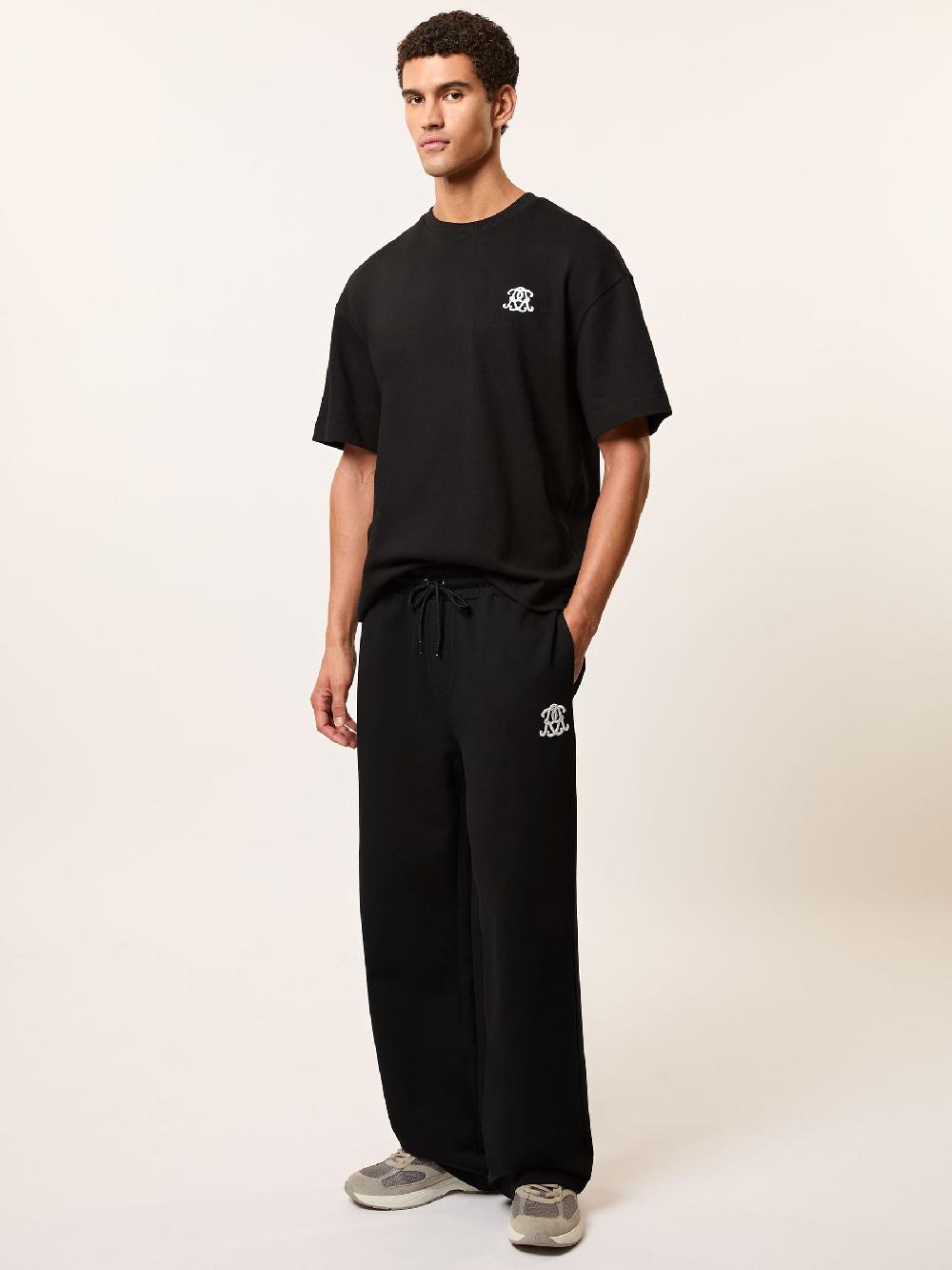 Reiss Monogram Cotton Wide-Leg Joggers In Black