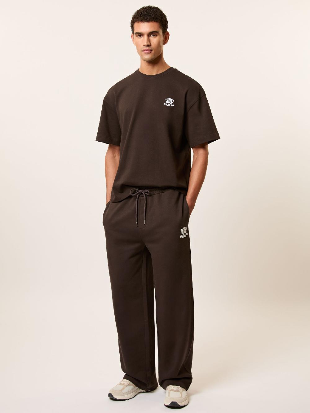 Reiss Monogram Cotton Wide-Leg Joggers In Brown